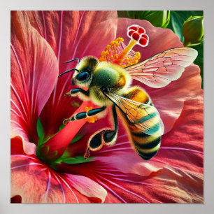 Poster Abelha Polinizando Flor de Hibisco Vibrante