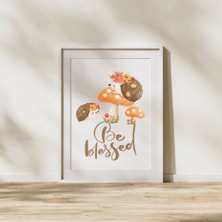 Poster Abençoações do outono: Bebê Hedgehogs e Cogumelos 