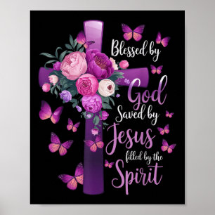 Poster Abençoado Por Deus Salvo Pela Cruz Floral Roxal De