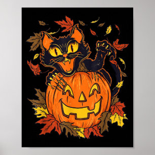 Poster Abóbora de Gato Preto Vintage Halloween Sinistro O