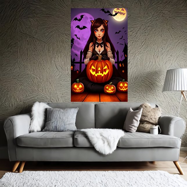 Poster Abóbora e dama de cabelo comprido | Arte AI (Pumpkin and lady with long hair | AI Art Poster)