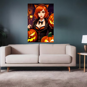 Poster Abóbora e senhora com orelhas de gato Arte AI