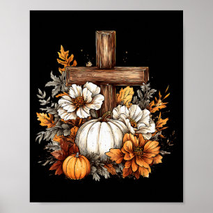 Poster Abóbora Floral Boho Cruz Outono Jesus Cristão Tha
