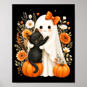 Poster Abóbora Floral Fantasma Gato Preto Halloween Fofo