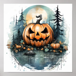 Poster Abóbora-Pumpkin De Aquarela Halloween Na Floresta