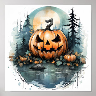 Poster Abóbora-Pumpkin De Aquarela Halloween Na Floresta