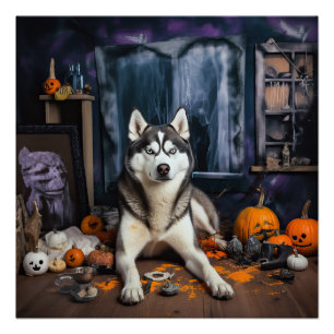 Pôster Abóboras Cachorro Husky Siberiano Dia das Bruxas A