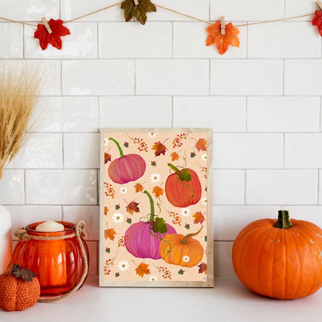 Poster Abóboras Caindo Deixam Arte Aquarela (Pretty orange and pink pumpkins with falling autumn leaves. Watercolor )