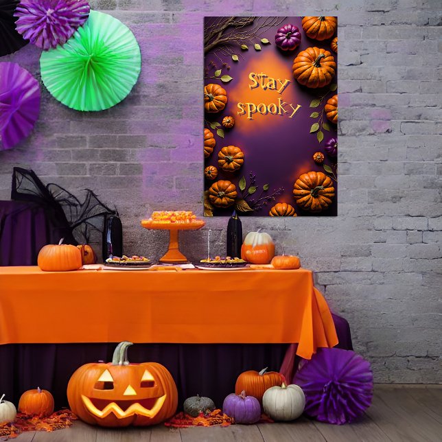 Poster Abóboras de Halloween (Halloween poster with pumpkins on purple and orange background ready to be customized.)