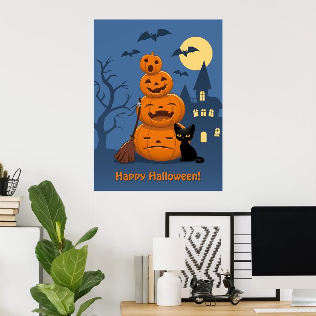 Poster Abóboras de Halloween e Gato Negro (Escritório em casa)