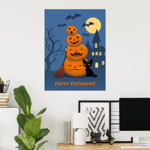 Poster Abóboras do Dia das Bruxas e gato preto
