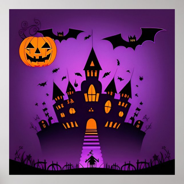 Poster Abóboras Morcegos Castelo Assombrado Halloween (Frente)