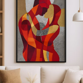 Poster Abraçe-me – Amantes Abstratos em Vermelho e Dourad