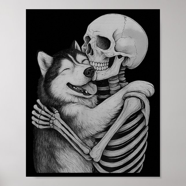 Poster Abraço de Esqueleto Husky Halloween Amante de Cach (Frente)