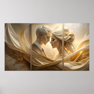 Poster Abraço Dourado: Retrato Etéreo de Casal em Seda a
