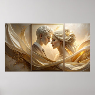Poster Abraço Dourado: Retrato Etéreo de Casal em Seda a