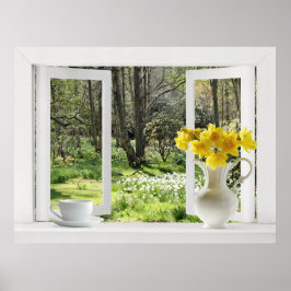 Pôster Abrir janela na cena do Woodland com Daffodils