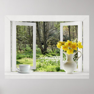 Pôster Abrir janela na cena do Woodland com Daffodils