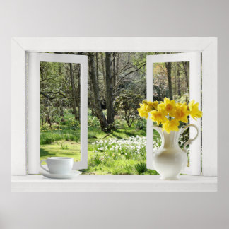 Pôster Abrir janela na cena do Woodland com Daffodils