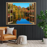 Pôster Abrir Lakeside de Outono da Janela<br><div class="desc">Linda interpretação de pincel d'água das lindíssimas cores do outono das árvores sob um brilhante céu azul de outono,  enquanto você olha pela sua "janela" e encara a visão cativante.</div>