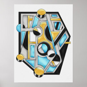 Poster Abstração Geométrica Contemporânea Dourada e Azul