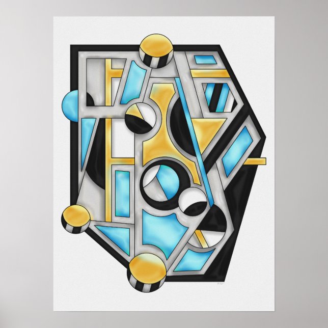 Poster Abstração Geométrica Contemporânea Dourada e Azul (Frente)