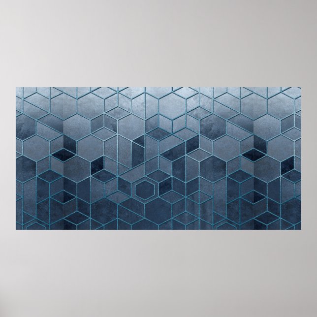Poster Abstração geométrica de hexágonos num alivio azul (Frente)