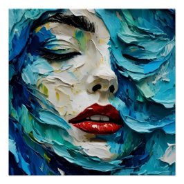 Pôster Abstract art painting female face ocean waves