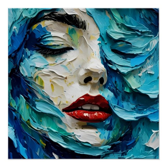 Pôster Abstract art painting female face ocean waves (Frente)