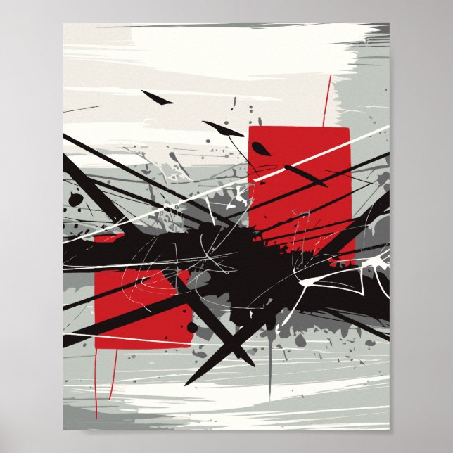 Poster Abstract Art with Red Blocks & Black Strokes (Frente)