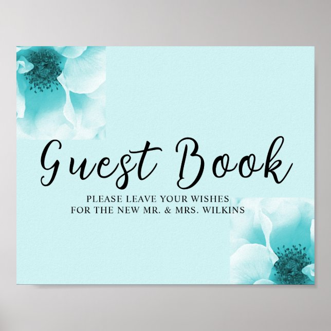 Poster Abstract Blue & White Florals Guest book Sign (Frente)