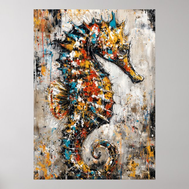 Poster Abstract Expressionist Seahorse Painting Coastal (Frente)