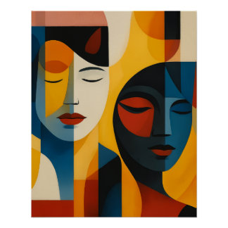 Pôster Abstract Faces Art Print, Dual Portrait, Abstract
