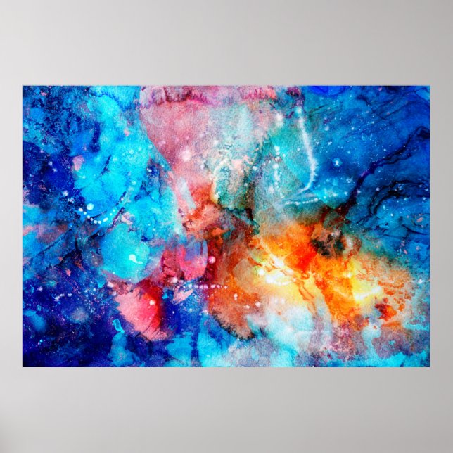 Poster Abstract hand-made texture. Marbling blue and oran (Frente)