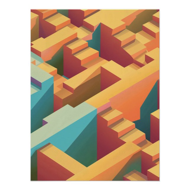 Pôster Abstract Isometric Maze Pattern in Cool Tones (Frente)