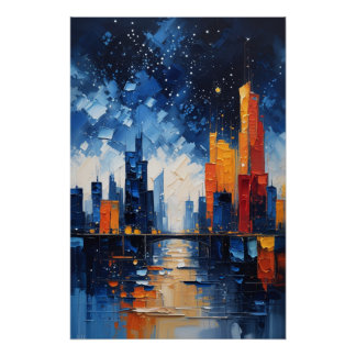 Pôster Abstract Night Skyline Impasto Poster