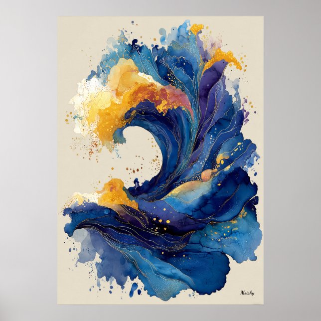 Poster Abstract Ocean Wave Liquid Art Blue Gold Fluid  (Frente)