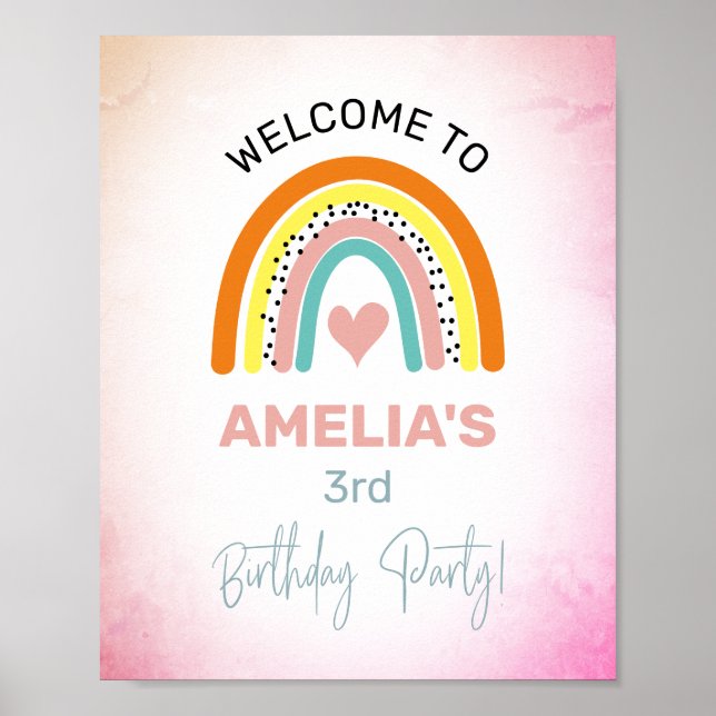 Poster Abstract Rainbow Girl's 3rd Birthday Party Welcome (Frente)