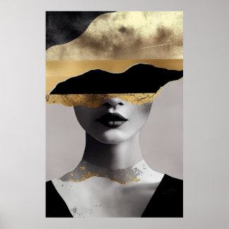 Poster Abstract Woman Gold Black Surrealist Art Elegant