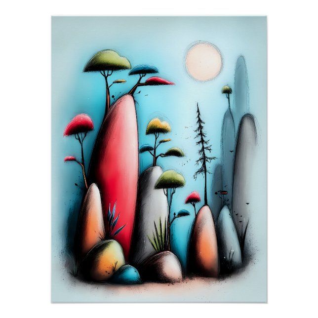 Pôster Abstrakte Landschaft mit Bäumen und Mond (Frente)