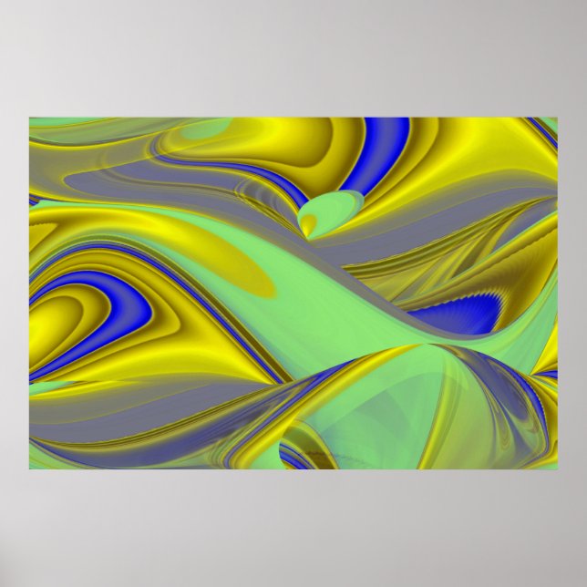 Poster abstrato 3D em azul Dourado amarelo verde (Frente)