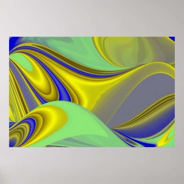 Poster abstrato 3D em azul Dourado amarelo verde (Frente)