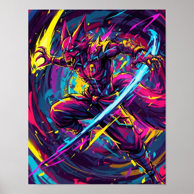 Poster Abstrato Anime: Neon Kitsune Warrior (Frente)
