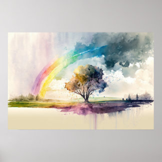 Poster Abstrato Arco-Íris Após A Aquarela Da Chuva