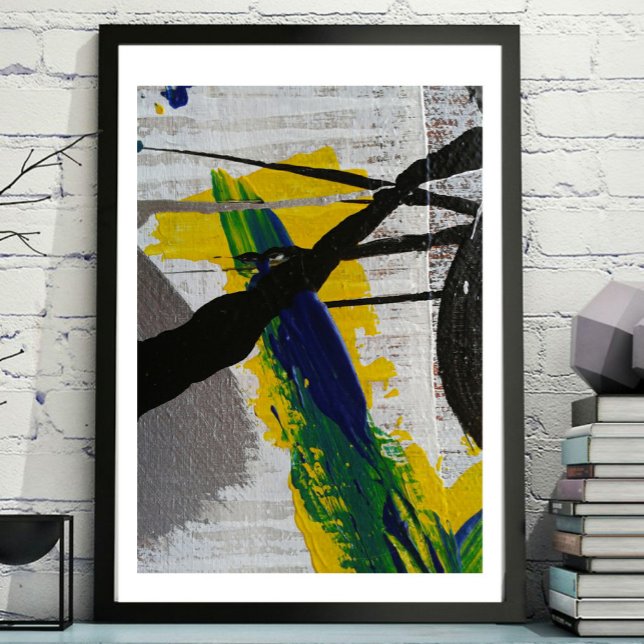 Poster Abstrato Art Black Yellow Blue Cinza Painting (Art viewed in a frame example.)