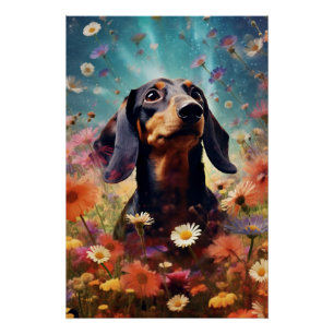 Pôster Abstrato Art Dachshund Com Flores