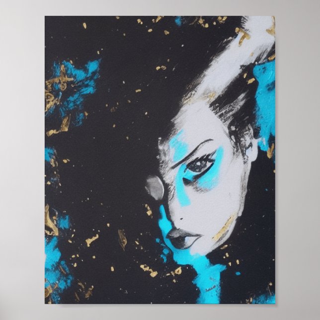 Poster Abstrato Art Deco Mulher - Negra e Turquesa (Frente)