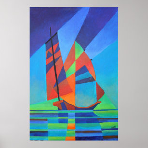 Poster Abstrato Art Junk Boat Contra Céu Azul Profundo