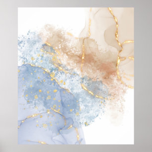 Poster Abstrato azul, taupe e Dourado