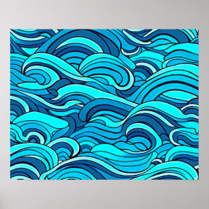 Poster Abstrato Azul Turquesa Ondas de Água do Oceano  